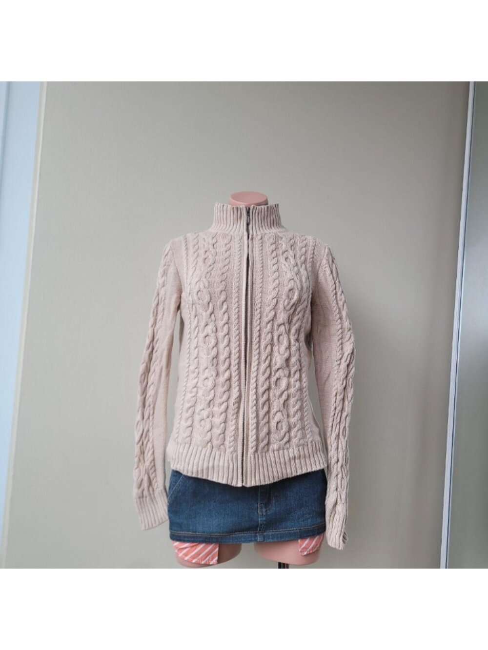 L.L. Bean Cream Beige Cable Knit Full Zip Cardigan Jacket (S)
